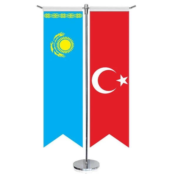 Kazakistan Cumhuriyeti Bayrağı ve Türkiye -Kırlangıç -Saten T direk 2li Masa Bayrağı ürün görseli 1