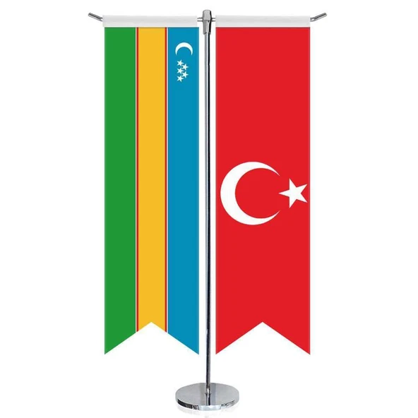 Karakalpakistan Cumhuriyeti Bayrağı ve Türkiye - Kırlangıç - Saten T direk 2li Masa Bayrağı ürün görseli 1