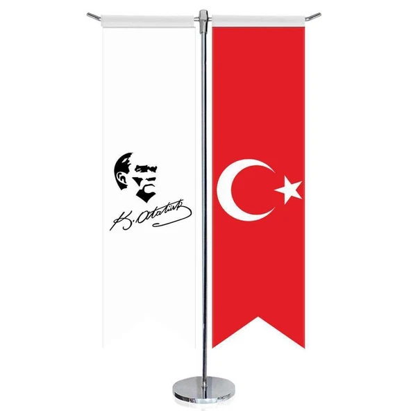 Mustafa Kemal Atatürk İmzalı Silüeti - Karakalem ve Türkiye-Kırlangıç-Saten T direk 2li Masa Bayrağı ürün görseli 1