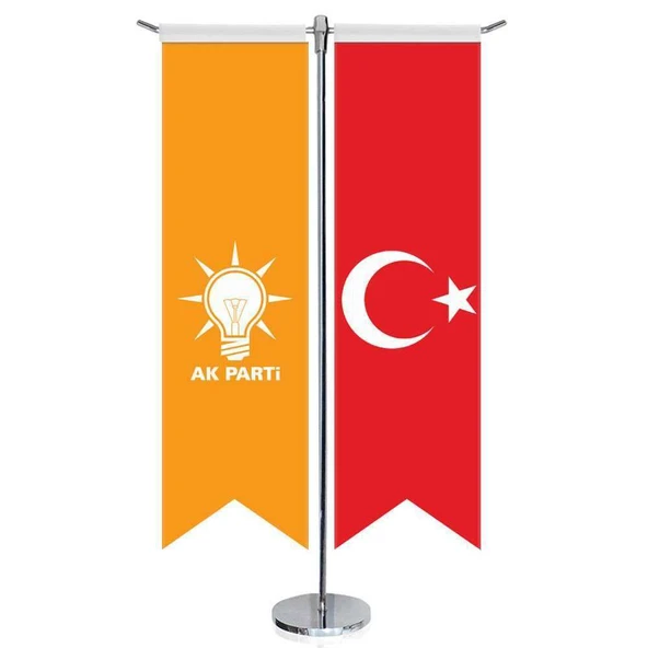 Turuncu AkParti (AKP) Bayrağı ve Türkiye - Kırlangıç - Saten T direk 2li Masa Bayrağı ürün görseli 1