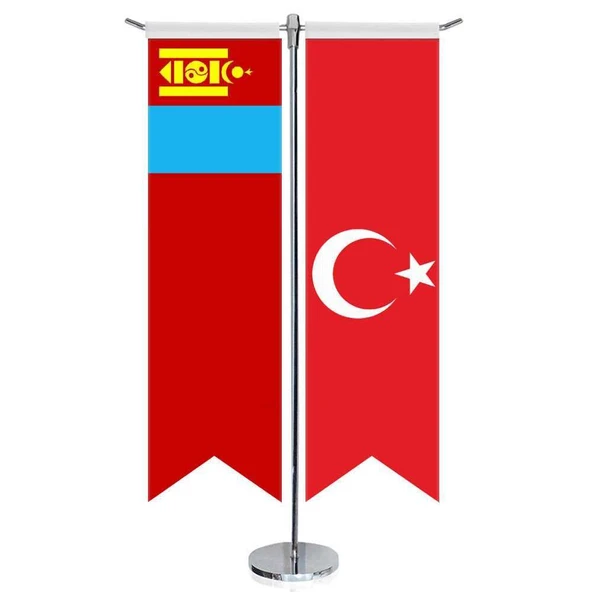 Moğolistan Bayrağı ve Türkiye - Kırlangıç - Saten T direk 2li Masa Bayrağı ürün görseli 1