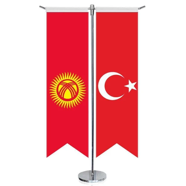 Kırgızistan Cumhuriyeti Bayrağı ve Türkiye - Kırlangıç - Saten T direk 2li Masa Bayrağı ürün görseli 1