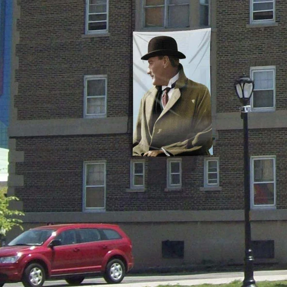 Şapkalı Sivil Gazi Mustafa Kemal Atatürk Poster Cephe Bayrağı -3x4,5 metre ürün görseli 1