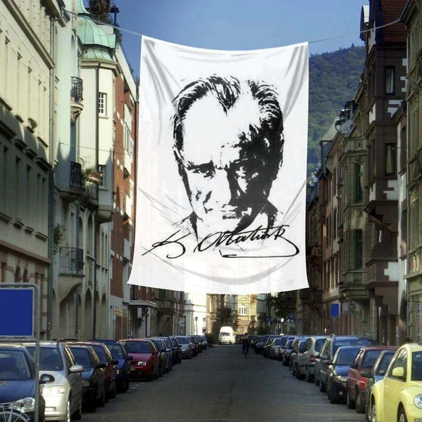 Siyah-Beyaz Gazi Mustafa Kemal Atatürk Silüeti Poster Bayrağı- 4x6 metre ürün görseli 1