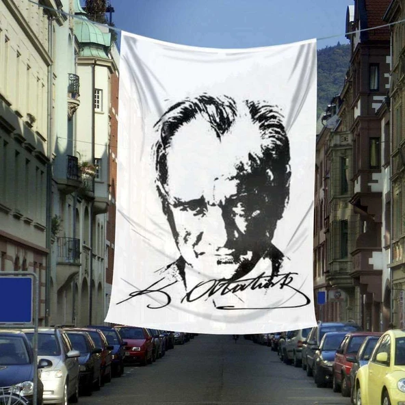 Siyah - Beyaz Mustafa Kemal Atatürk Silüeti ve İmza Dış Cephe Poster Bayrağı - 6x9 metre ürün görseli 1
