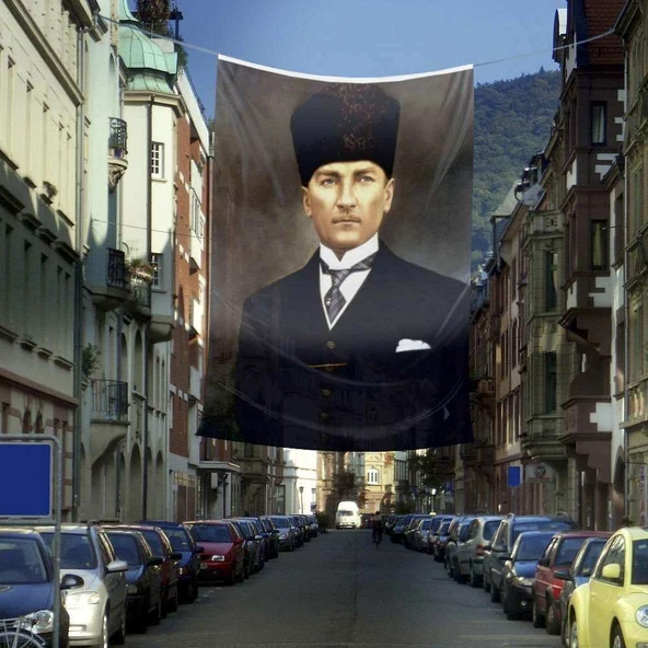 Kalpaklı Mustafa Kemal Atatürk Poster Cephe Bayrağı-400x600cm -4x6metre ürün görseli 1