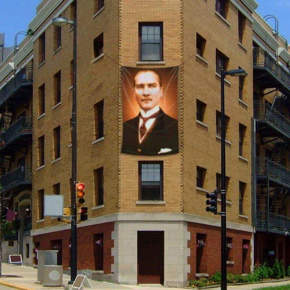 Sivil Mustafa Kemal Atatürk Portre Poster Cephe Bayrağı - 2x3 metre ürün görseli 1