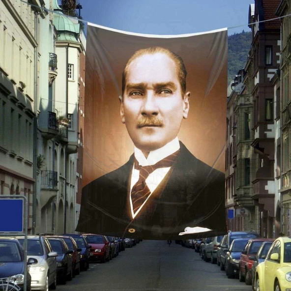 Sivil Takım Elbiseli Mustafa Kemal Atatürk Portre Poster Cephe Bayrağı - 6x9 metre ürün görseli 1