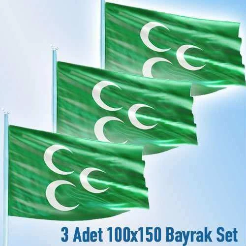 Osmanlı Yeşil 3 Hilal 3 Adet 100x150cm Raşel Bayrak Set ürün görseli 1