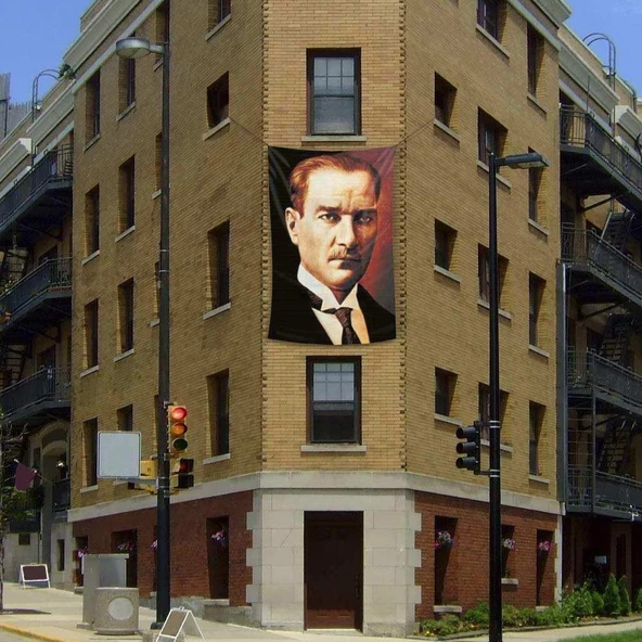 Sivil Gazi Mustafa Kemal Atatürk Portre Poster Cephe Bayrağı - 2x3 metre ürün görseli 1