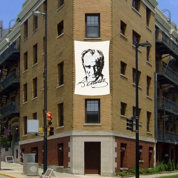 Siyah-Beyaz Mustafa Kemal Atatürk Silüeti Poster Dış Cephe Bayrak -200x300cm - 2x3metre ürün görseli 1