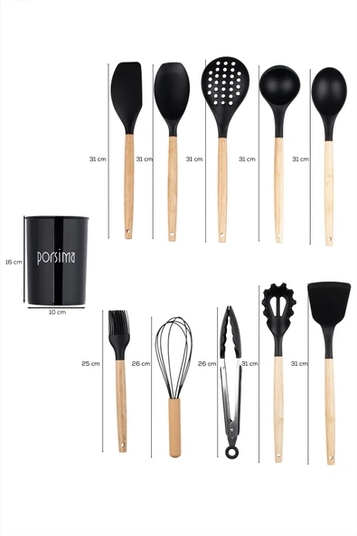Porsima 3165 Bambu Silikon 11 Parça Servis Takımı Seti Siyah Siyah ürün görseli 1