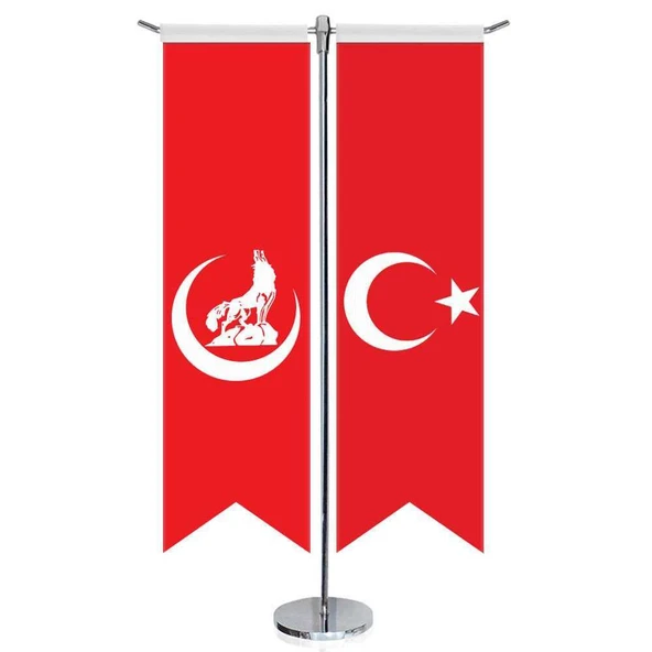 Kırmızı Hilal Bozkurt Bayrağı ve Türkiye - Kırlangıç - Saten T direk 2li Masa Bayrağı ürün görseli 1