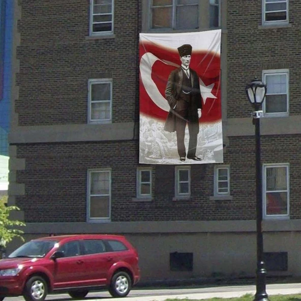 Ay Yıldızlı Kalpaklı Gazi Mustafa Atatürk Poster Dış Cephe Bayrak -300x450cm- 3x4,5metre ürün görseli 1