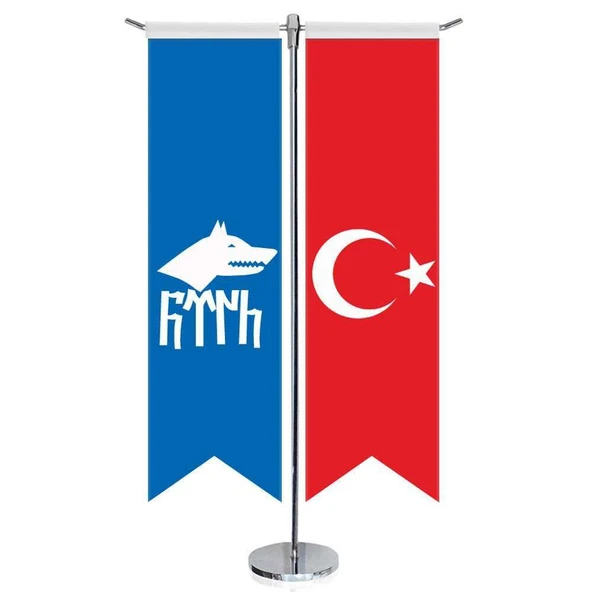 Göktürk Türk Kağanlığı Göktürkçe Bayrağı ve Türkiye -Kırlangıç - Saten T direk 2li Masa Bayrağı ürün görseli 1