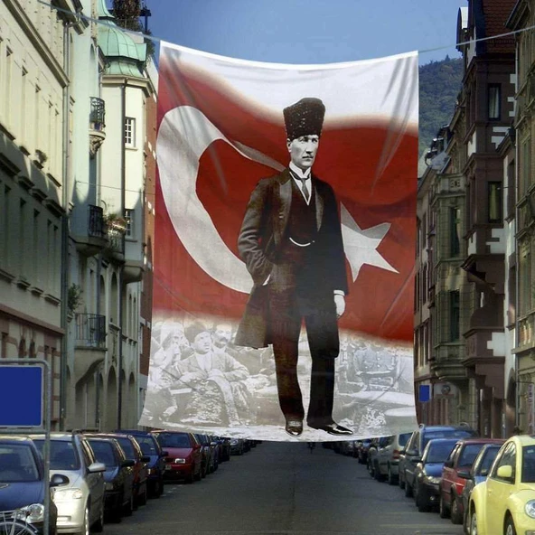 Ay Yıldız Türk Bayrağı -Sivil Kalpaklı Mustafa Kemal Atatürk Poster Dış Cephe Bayrak -600x900 cm ürün görseli 1