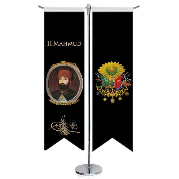 Osmanlı Padişahları - II. Mahmud ve Osmanlı Arması - Saten -Kırlangıç - T direk 2li Masa Bayrağı ürün görseli 1