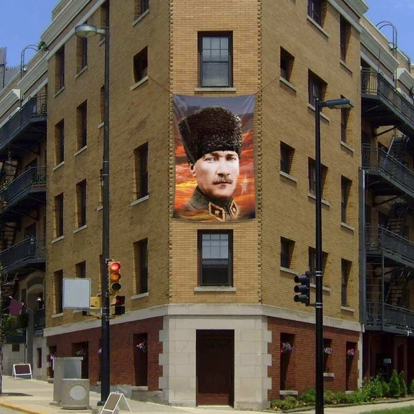 Kalpaklı Mustafa Kemal Atatürk Poster Cephe Bayrağı- 2x3 metre ürün görseli 1