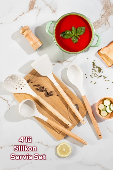Porsima 3166 Bambu Silikon 4 Parça Servis Takımı Seti Beyaz Beyaz ürün görseli 1