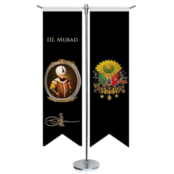 Osmanlı Padişahları - III. Murad ve Osmanlı Arması - Kırlangıç - Saten T direk 2li Masa Bayrağı ürün görseli 1