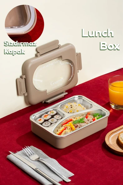 Porsima 3010-1 Paslanmaz Çelik 3 Bölmeli Vakumlu Yemek Termosu Beslenme Kutusu Taşınabilir Lunch Box Sefer Tası - Kahve ürün görseli 1