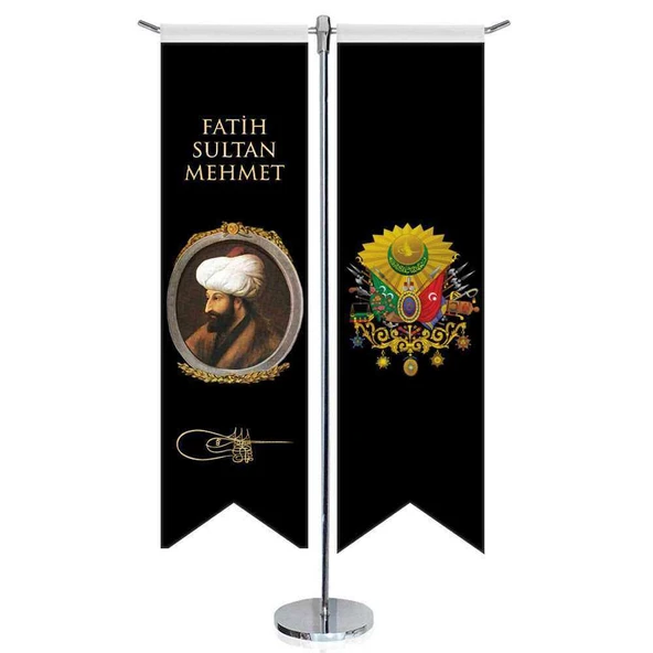 Osmanlı Padişahları - Fatih Sultan Mehmet ve Osmanlı Arması-Kırlangıç-Saten T direk 2li Masa Bayrağı ürün görseli 1
