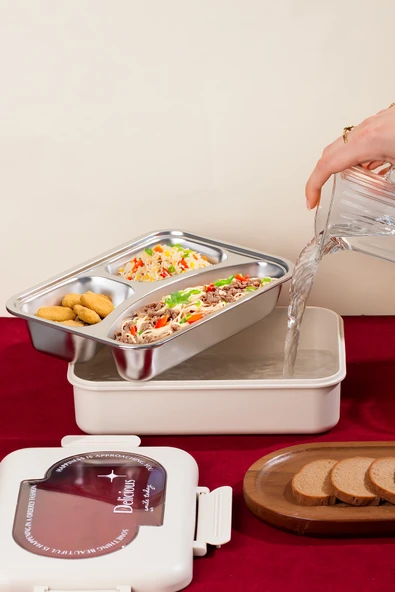 Porsima 3110 Paslanmaz Çelik 3 Bölmeli Vakumlu Yemek Termosu Beslenme Kutusu Taşınabilir Lunch Box Sefer Tası - Krem ürün görseli 1
