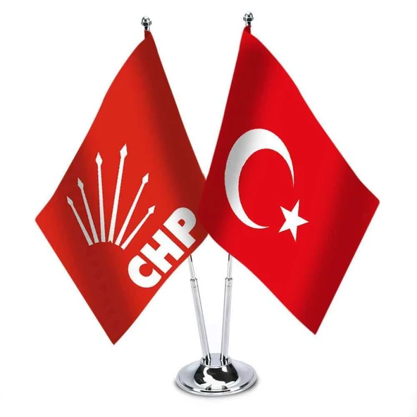 Kırmızı CHP ve Türkiye - İkili Saten Masa Bayrağı Set ürün görseli 1