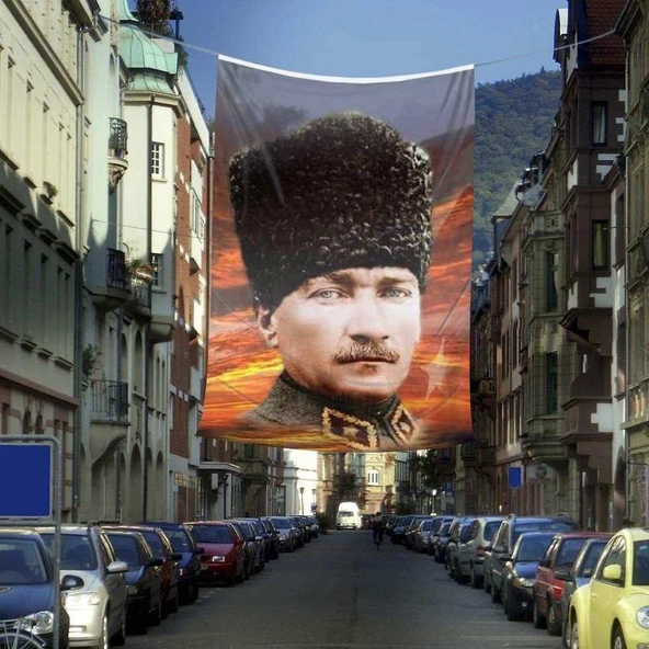 Kalpaklı Mustafa Kemal Atatürk Poster Cephe Bayrağı -400x600cm -4x6 metre ürün görseli 1
