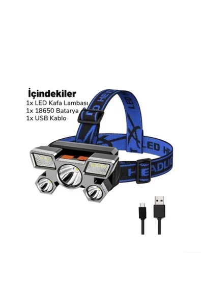 5LED Dahili Pil USB Sarj Edilebilir Kafa Feneri Lambasi 2 ADET ürün görseli 1