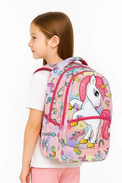 Pembe Unicorn Desenli Kız İlkokul Sırt Çantası + Beslenme Çantası (2307) ürün görseli 1