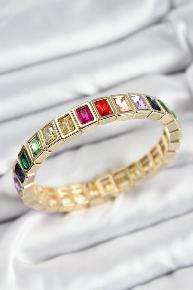 Pirinç Karışık Zirkon Taşlı Dikdörtgen Model Gold Renk Lastikli Kadın Bileklik - TJ-BB7493 ürün görseli 1