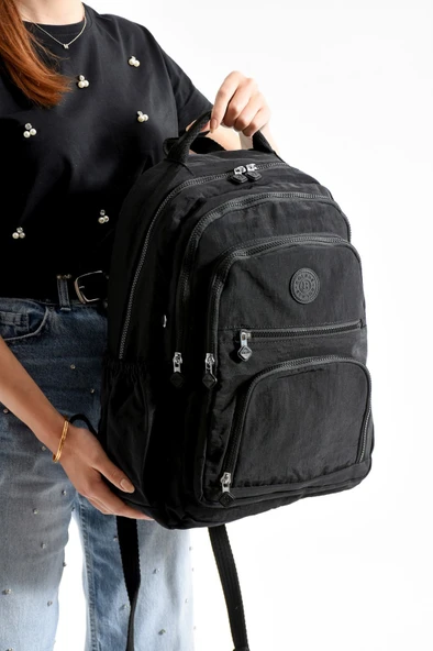 Bagacar Bolsas 1087 Su Geçirmez İthal Krinkıl Kumaş Laptop Bölmeli Okul ve Günlük Sırt Çantası Siyah ürün görseli 1