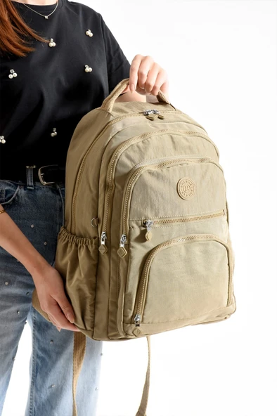 Bagacar Bolsas 1087 Su Geçirmez İthal Krinkıl Kumaş Laptop Bölmeli Okul ve Günlük Sırt Çantası Kum ürün görseli 1