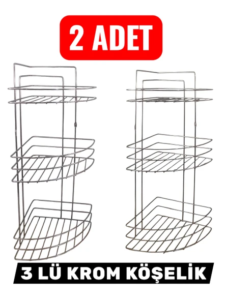 2 Adet Banyo Köşeliği 3 Lü  Krom Köşelik Duş Rafı Şampuanlık Paslanmaz ürün görseli 1