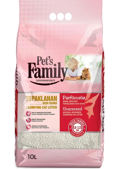 Pets Family Topaklanan Doğal Bentonit Parfümsüz İnce Taneli Super Premium Kedi Kumu 10 Lt ürün görseli 1