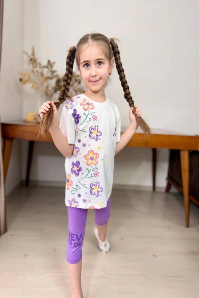 Yeni Sezon Çiçek Desenli Lila Renk Kapri Taytlı Kız Çocuk Takım ürün görseli 1
