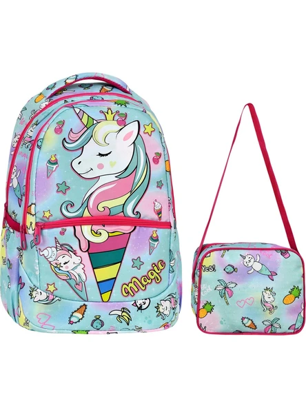 Yeşil Magic Unicorn Figürlü Kız İlkokul Sırt Çantası + Beslenme Çantası (2305) ürün görseli 1