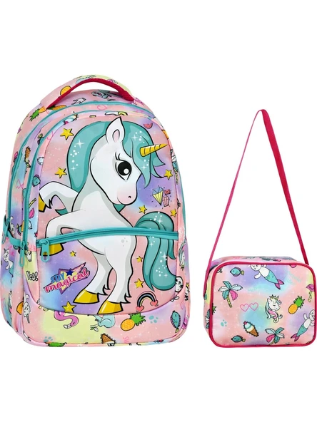 Yeşil Unicorn Desenli Kız İlkokul Sırt Çantası + Beslenme Çantası (2306) ürün görseli 1