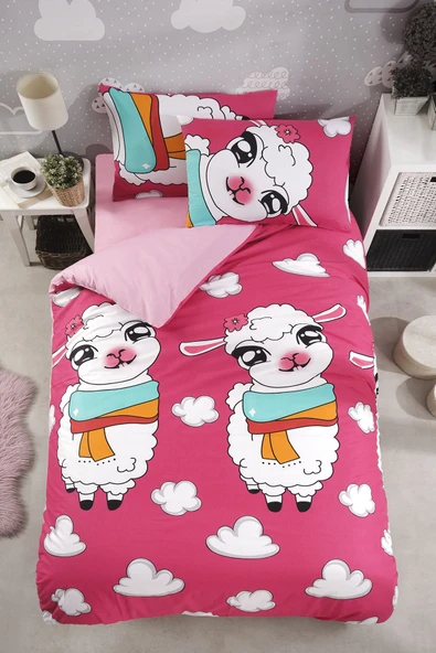 LaLiva Çerşafı Lastikli Kuzulu Çocuk Nevresim Takımı Pembe Tek Kişilik ürün görseli 1