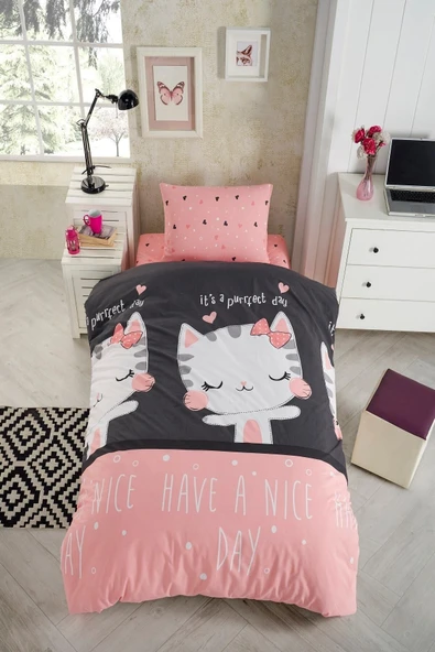 LaLiva Çarşafı Lastikli Doğal Sağlıklı Pamuk Kedili Pembe-siyah Tek Kişilik Çocuk Nevresim Takımı ürün görseli 1