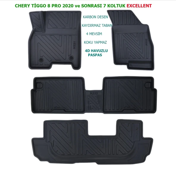 Chery Tiggo 8 Pro 7 Koltuk EXCELLENT 2020 ve Sonrası 4D Premium Havuzlu Paspas ürün görseli 1