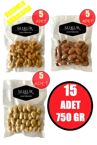 SELKUR  KARIŞIK KURUYEMİŞ 50GRX15 ADET NET:750GR(KAJU, BADEM, FINDIK 1. KALİTE VAKUMLU AMBALAJDA) ürün görseli 1