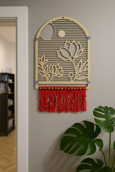 Lotus Motifli Üzerlik Tohumlu Ahşap Duvar Dekoru , Nazara Karşı Koruyucu ürün görseli 1