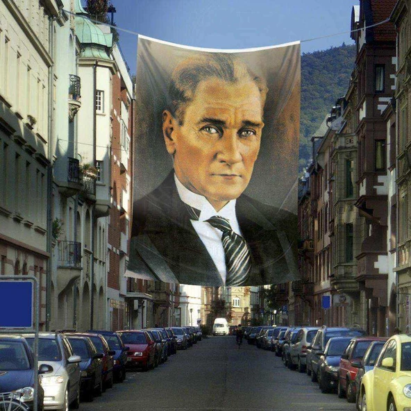 Sivil Mustafa Kemal Atatürk Portre Poster Dış Cephe Bayrağı - 4x6 metre ürün görseli 1