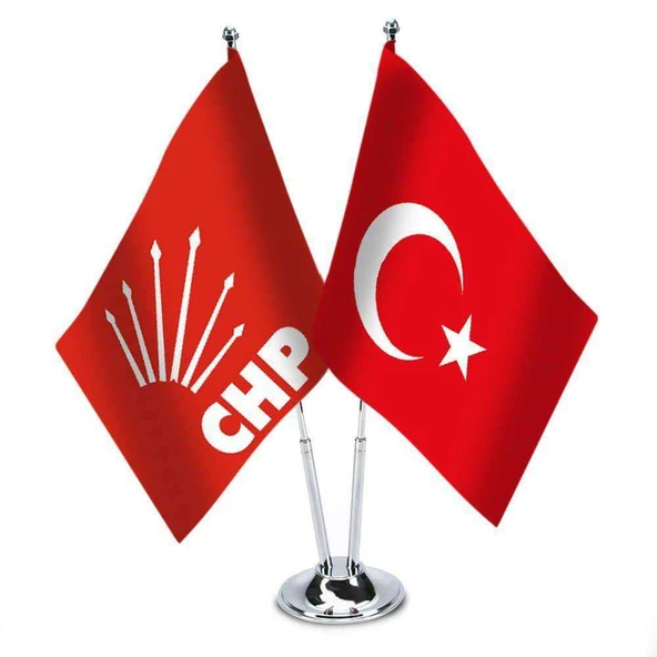 Kırmızı CHP ve Türkiye - İkili Saten Masa Bayrağı Set ürün görseli 1