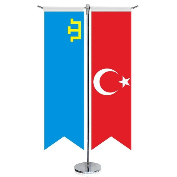 Kırım Hanlığı, Kırım Yurdu Bayrağı ve Türkiye - Kırlangıç - Saten T direk 2li Masa Bayrağı ürün görseli 1