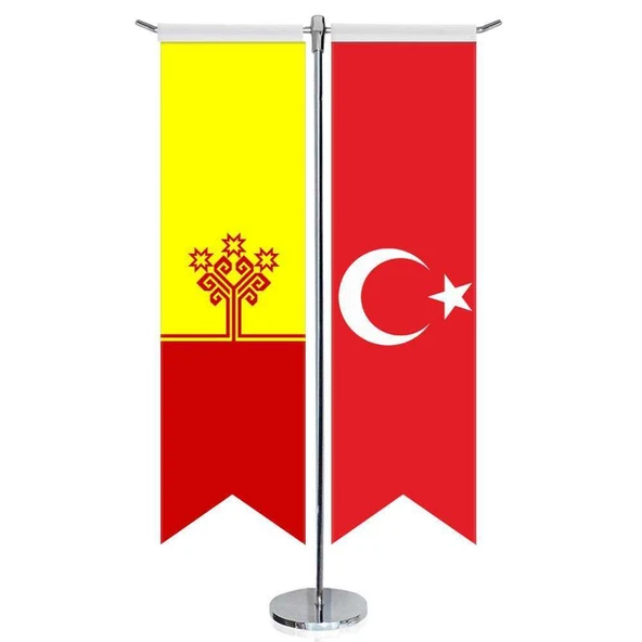 Çuvaşistan Cumhuriyeti Bayrağı ve Türkiye - Kırlangıç - Saten T direk 2li Masa Bayrağı ürün görseli 1
