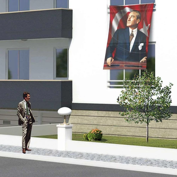 Göğe Bakan Sivil Atatürk -Ay Yıldız-Kutlama- Okul- Anı- Poster Cephe Bayrağı - Bayrak -1,5x2,25Metre ürün görseli 1