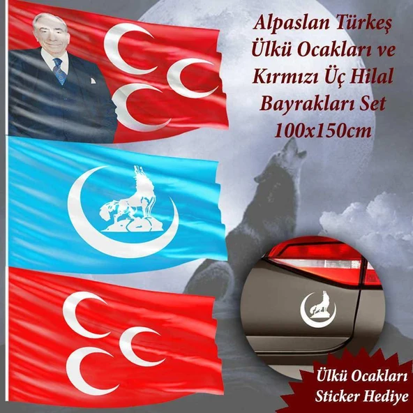 Alpaslan Türkeş-Ülkü Ocakları-Kırmızı Üç Hilal 100x150cm -Raşel Bayrak Set - Sticker Hediyeli ürün görseli 1